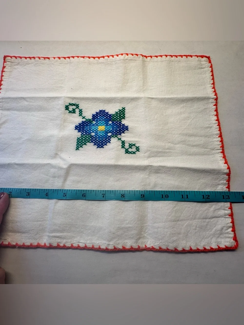 Vintage 4 Hand Embroidered Napkins Blue Flower Cross-Stitch 11